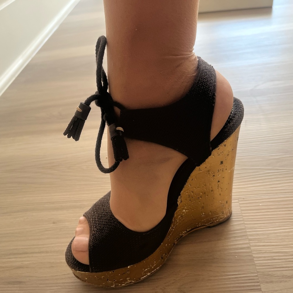 Yves Saint Laurent Black and Gold Wedges